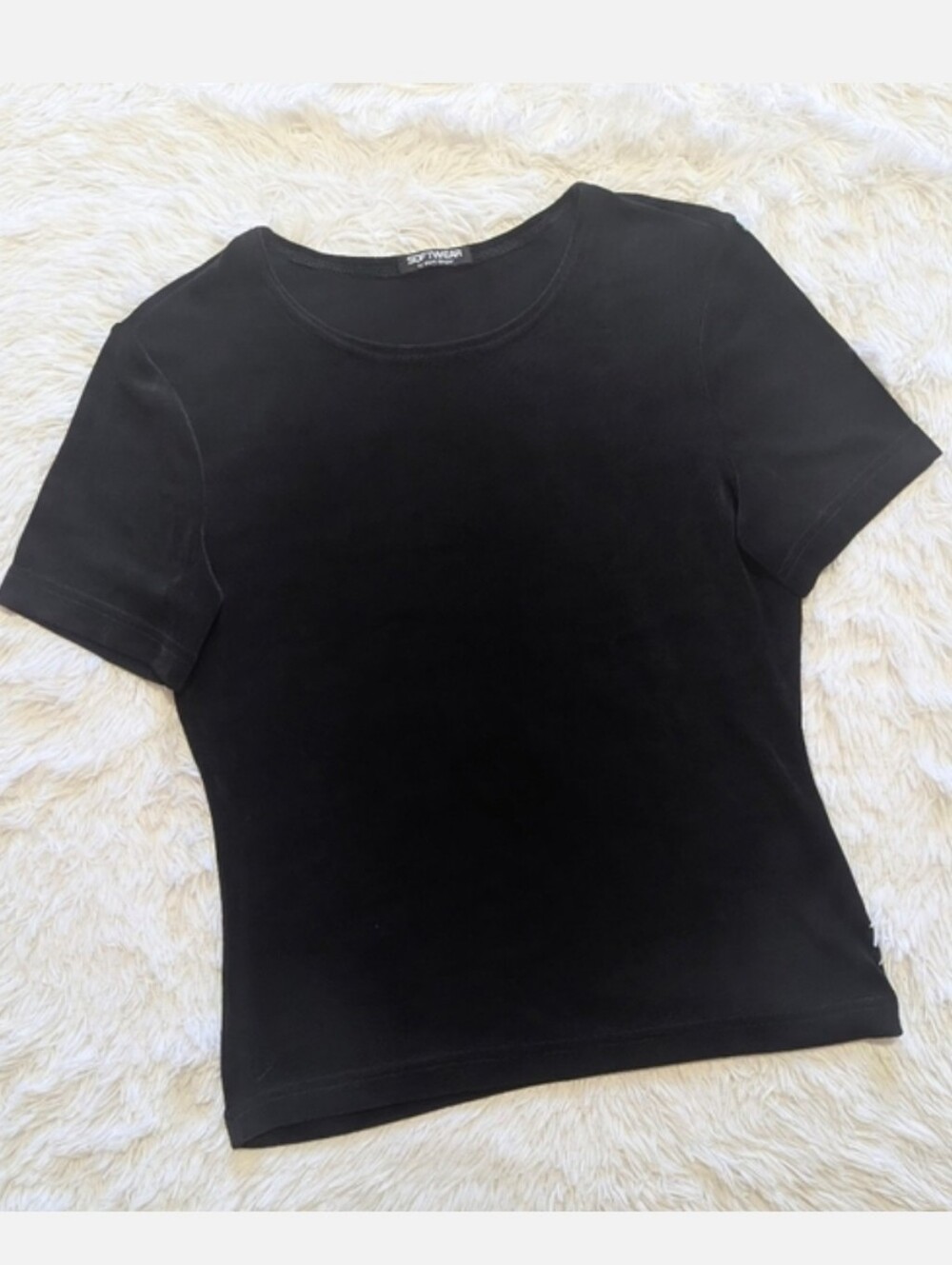 90s Softwear by Mark Singer Slinky Stretchy Black Scoop Neck Vintage Goth Tee - Picture 2 of 6